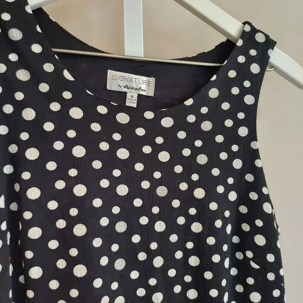 Signature Robbie‎ Bee Dress Medium Black White Polka Dot Sleeveless Ruffle Hem